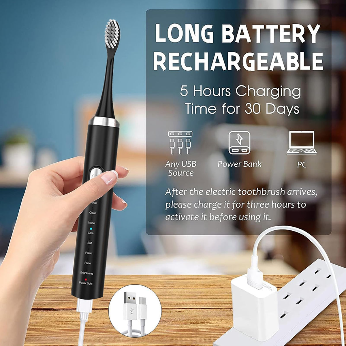 Rechargeable Electric Toothbrush with 4 Replacement Heads Z655672