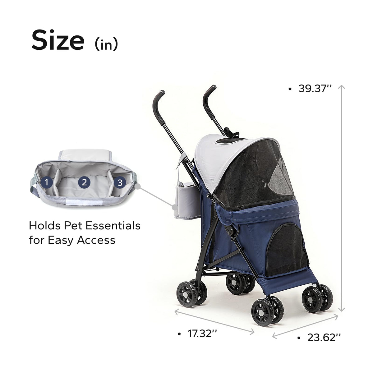 Foldable Pet Stroller for Small Dogs & Cats, 10 lbs, Blue Gray D3717