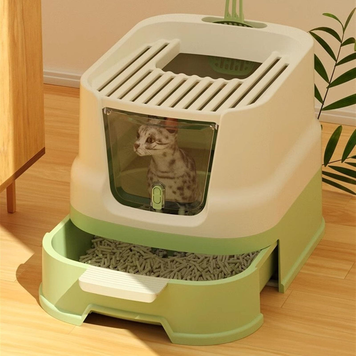 Large Top Entry Enclosed Cat Litter Box with Lid and Scoop Y529