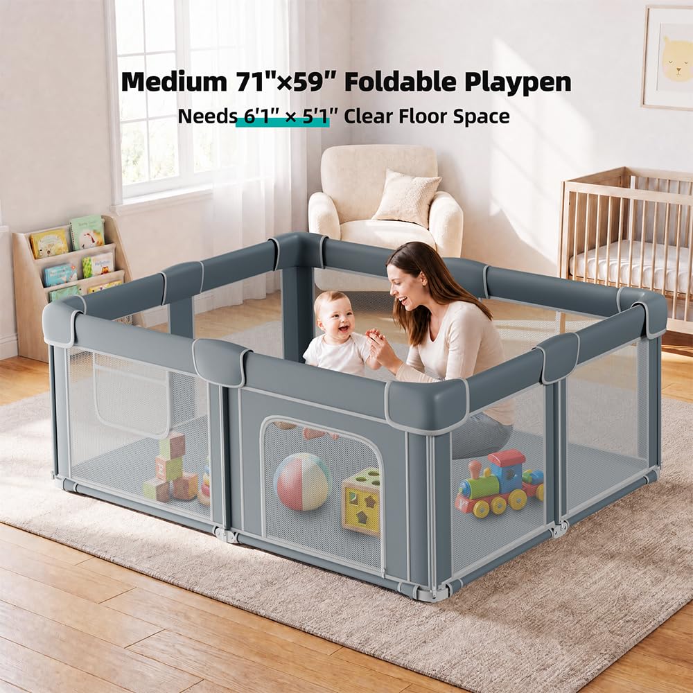 Foldable Baby Playpen with Mat, 71x59 Inches, Grey H8863