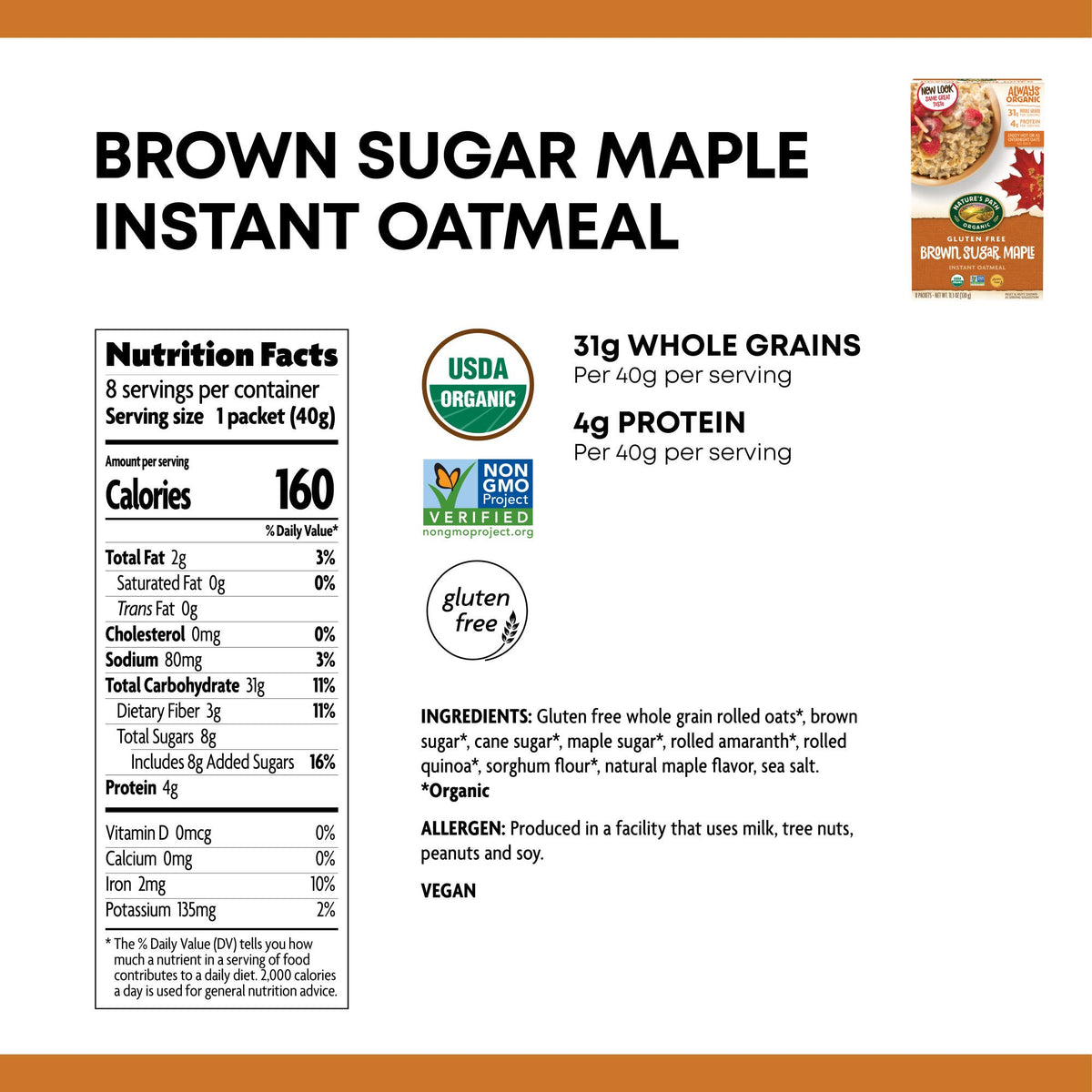 Organic Gluten Free Brown Sugar Maple Instant Oatmeal 32 Packet C941