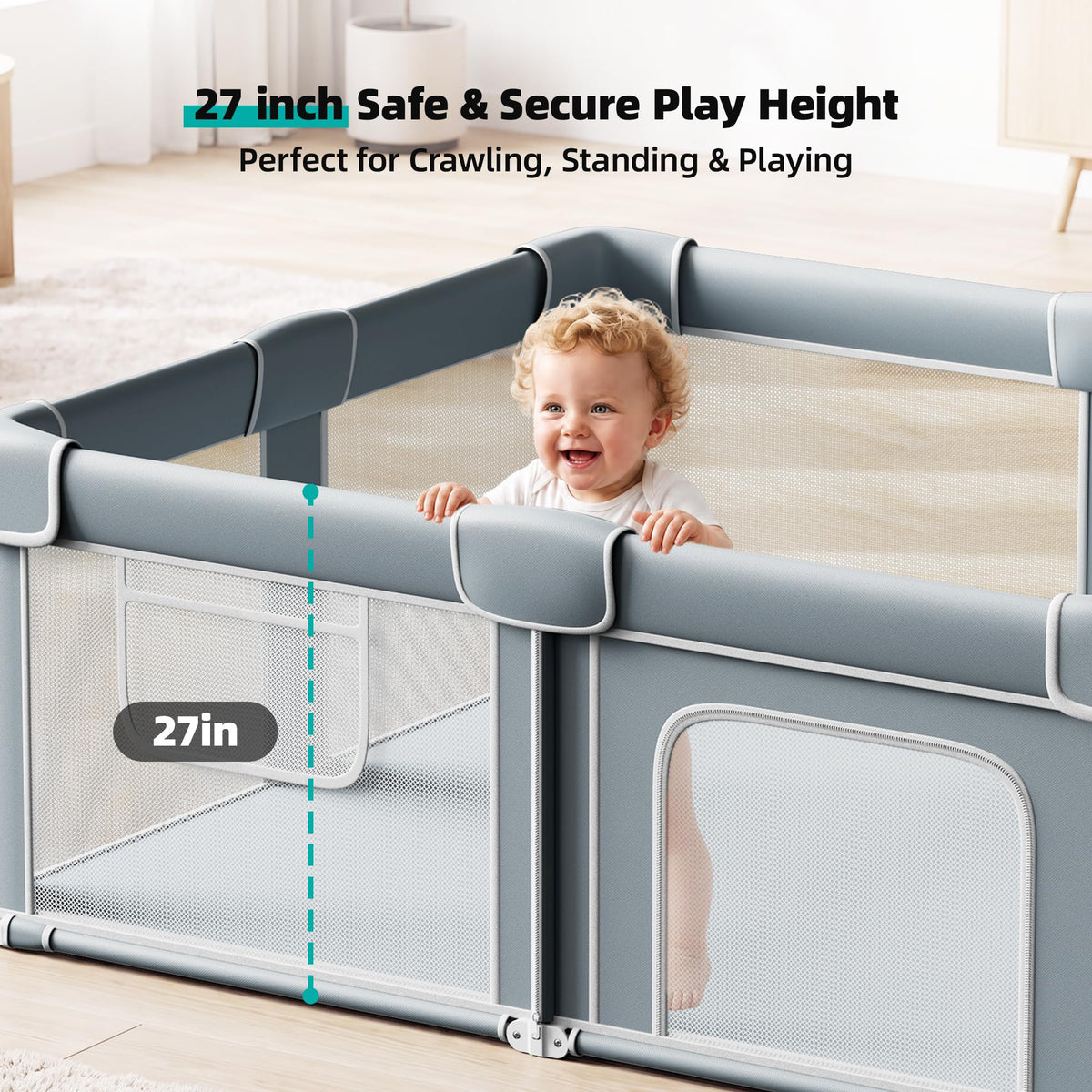 Foldable Baby Playpen with Mat, 71x59 Inches, Grey H8863
