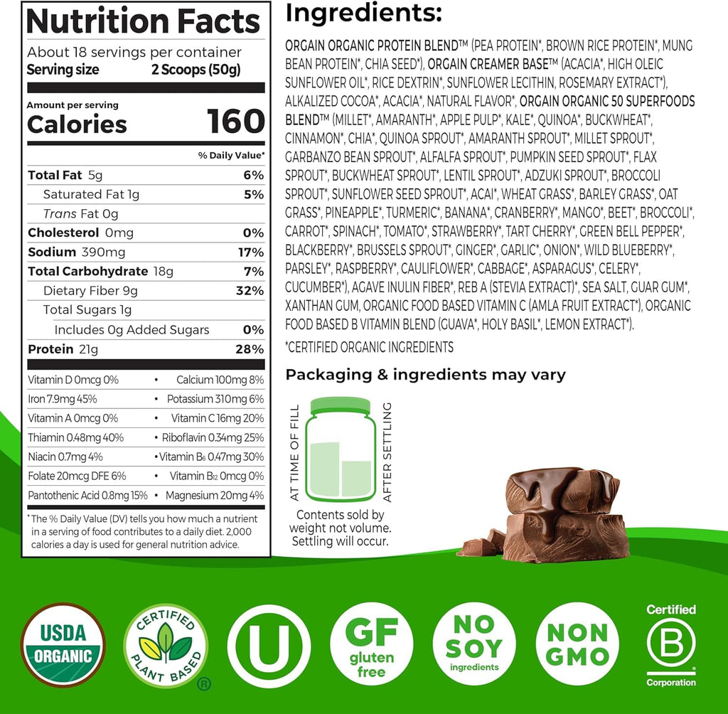 Organic Vegan Protein + 50 Superfoods Powder, 21g Plant Based Protein, 2.02 lb B439913