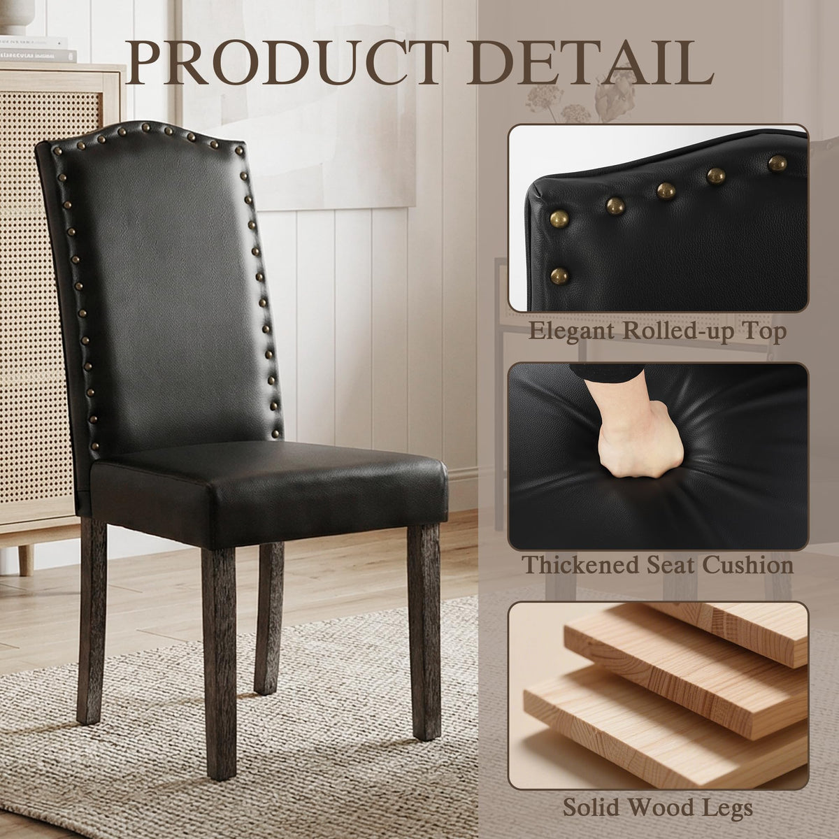 PU Dining Chair Set of 2 Upholstered with Copper Nails and Solid Wood Legs X5638