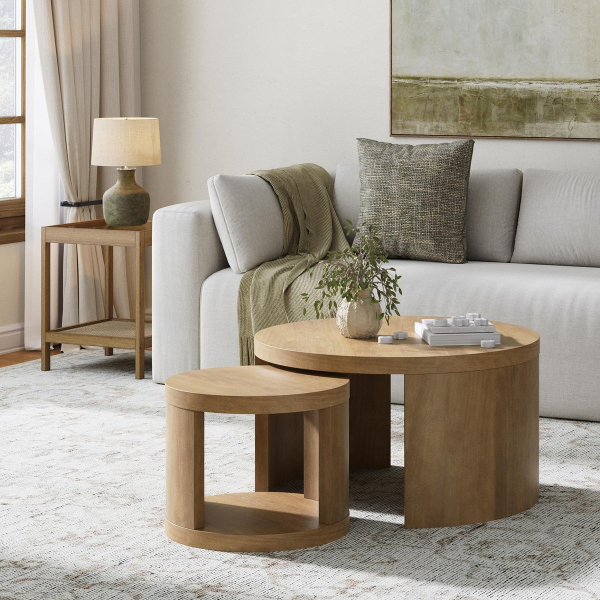 Light Brown 2-Piece Round Wood Nesting Coffee Table with Storage J591332