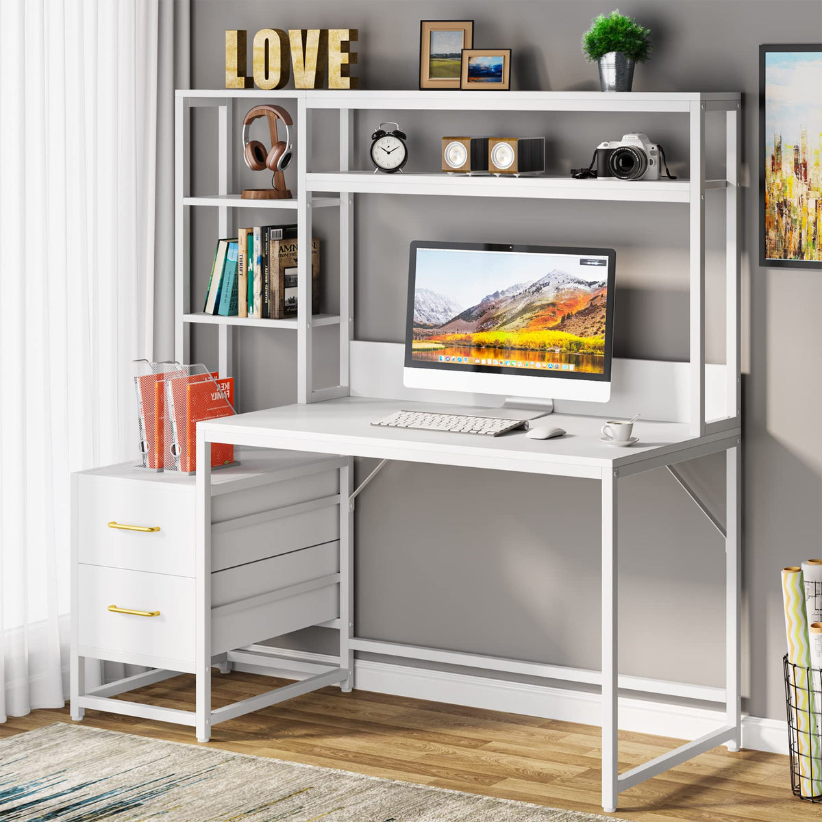 55 Inch Computer Desk with 2 Drawers and Storage Shelves J397478
