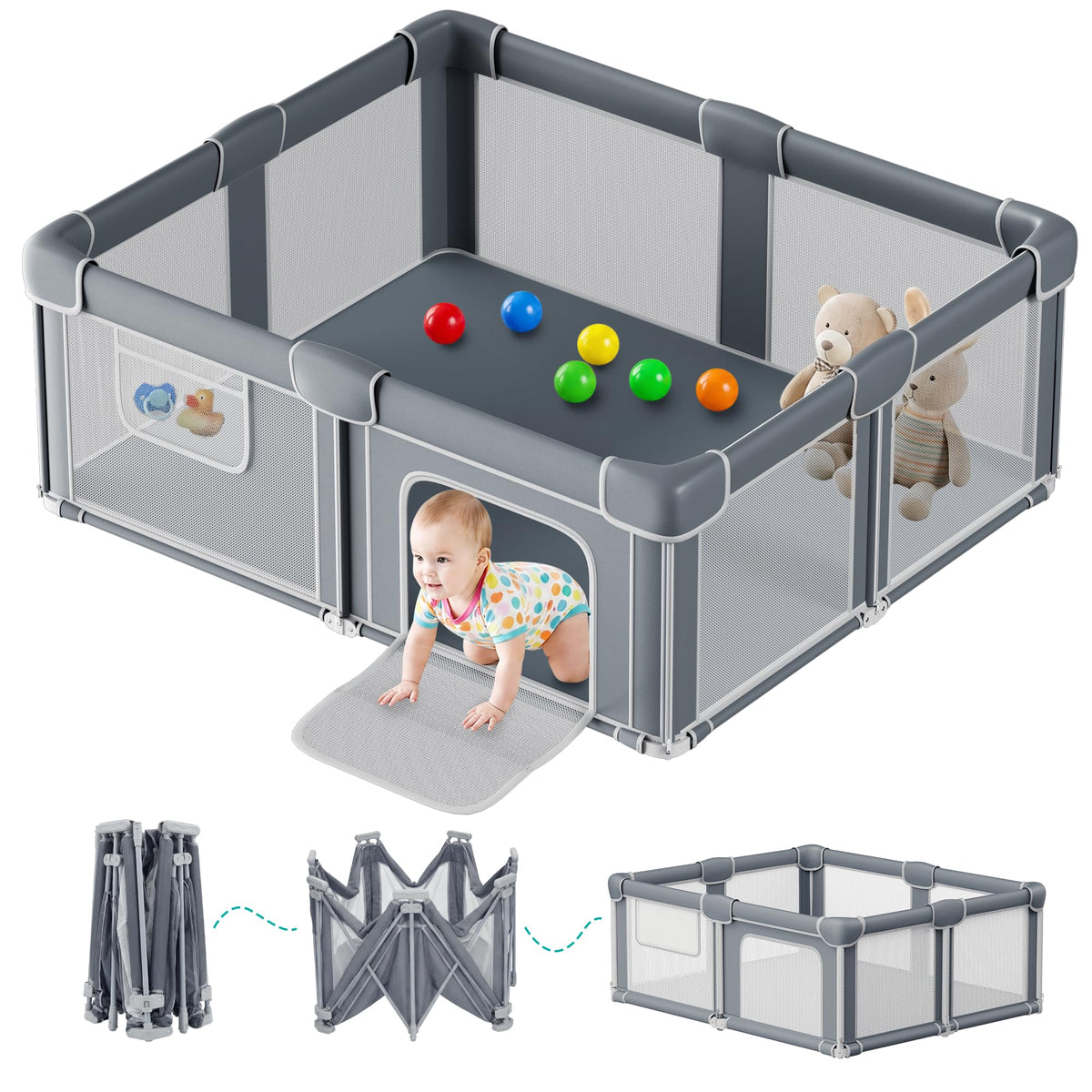 Foldable Baby Playpen with Mat, 71x59 Inches, Grey H8863