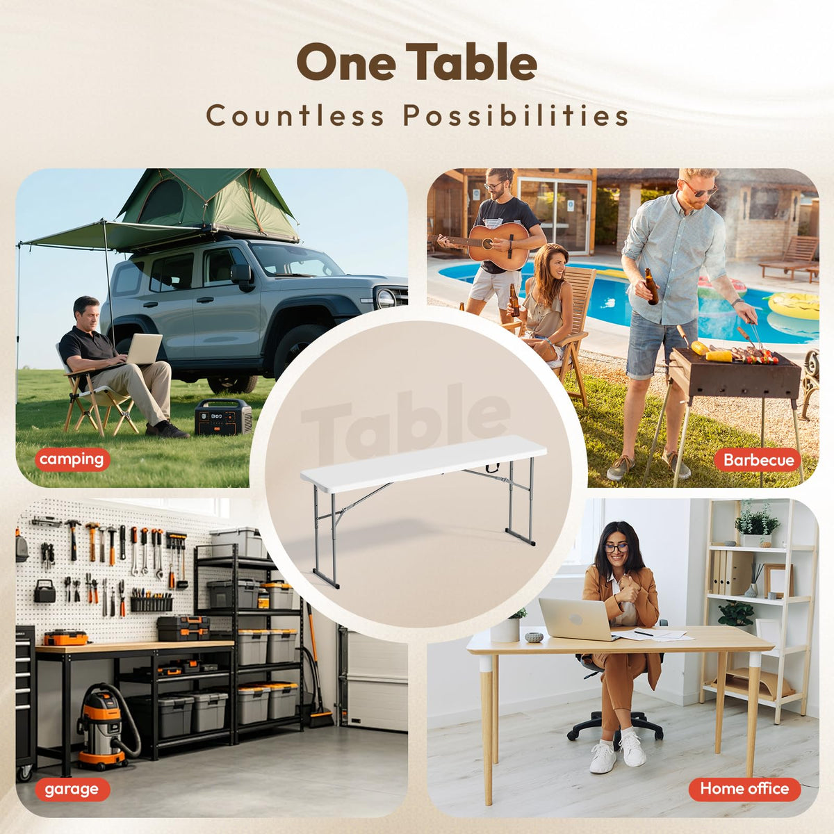 White 6 FT Narrow Folding Table with Carrying Handle V98408