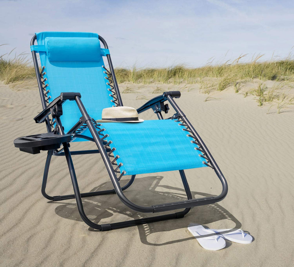 Blue Set of 2 Adjustable Folding Lounge Chair with Pillows and Cup Holders M279
