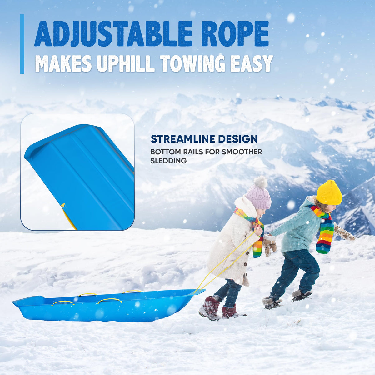 47.5" High-Density Plastic Toboggan Sled with Handles and Pull Rope S759586
