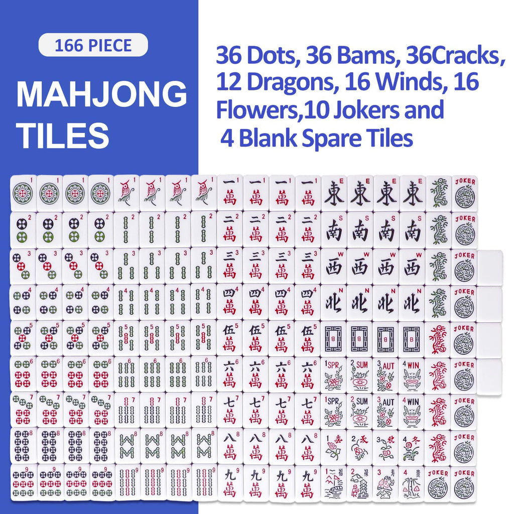 166 Blue Mahjong Tile Set with Bag and 4 All-in-One Rack/Pushers C5028