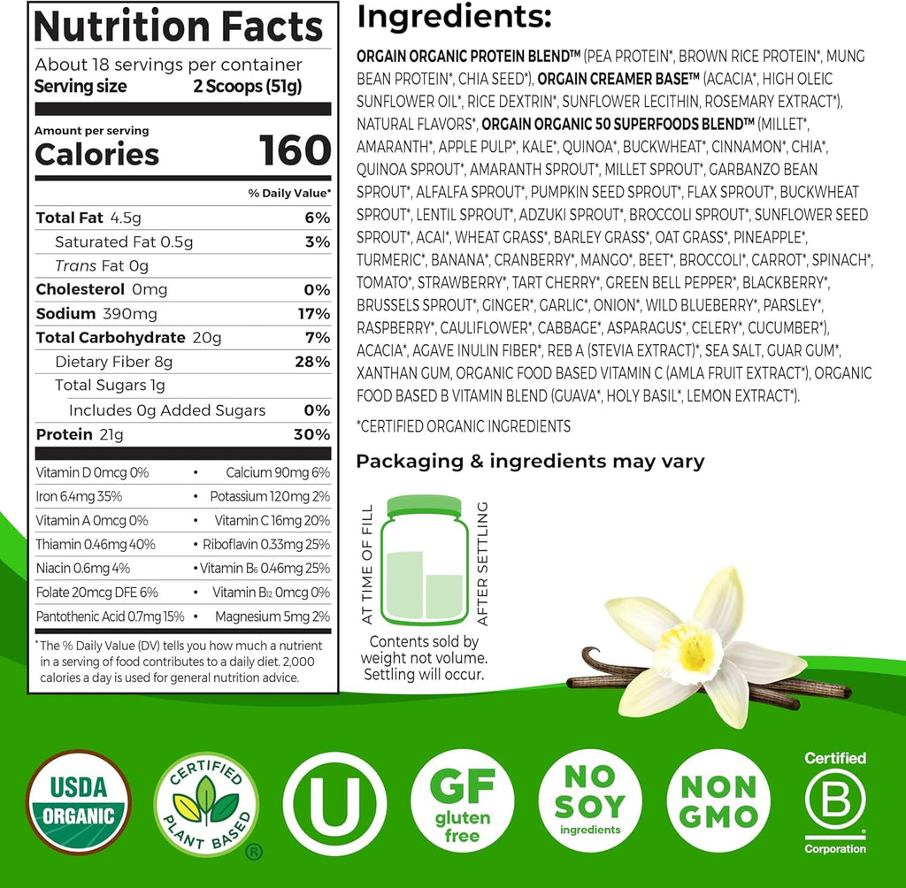 Organic Vegan Protein + 50 Superfoods Powder, 21g Plant Based Protein, 2.02 lb B439913