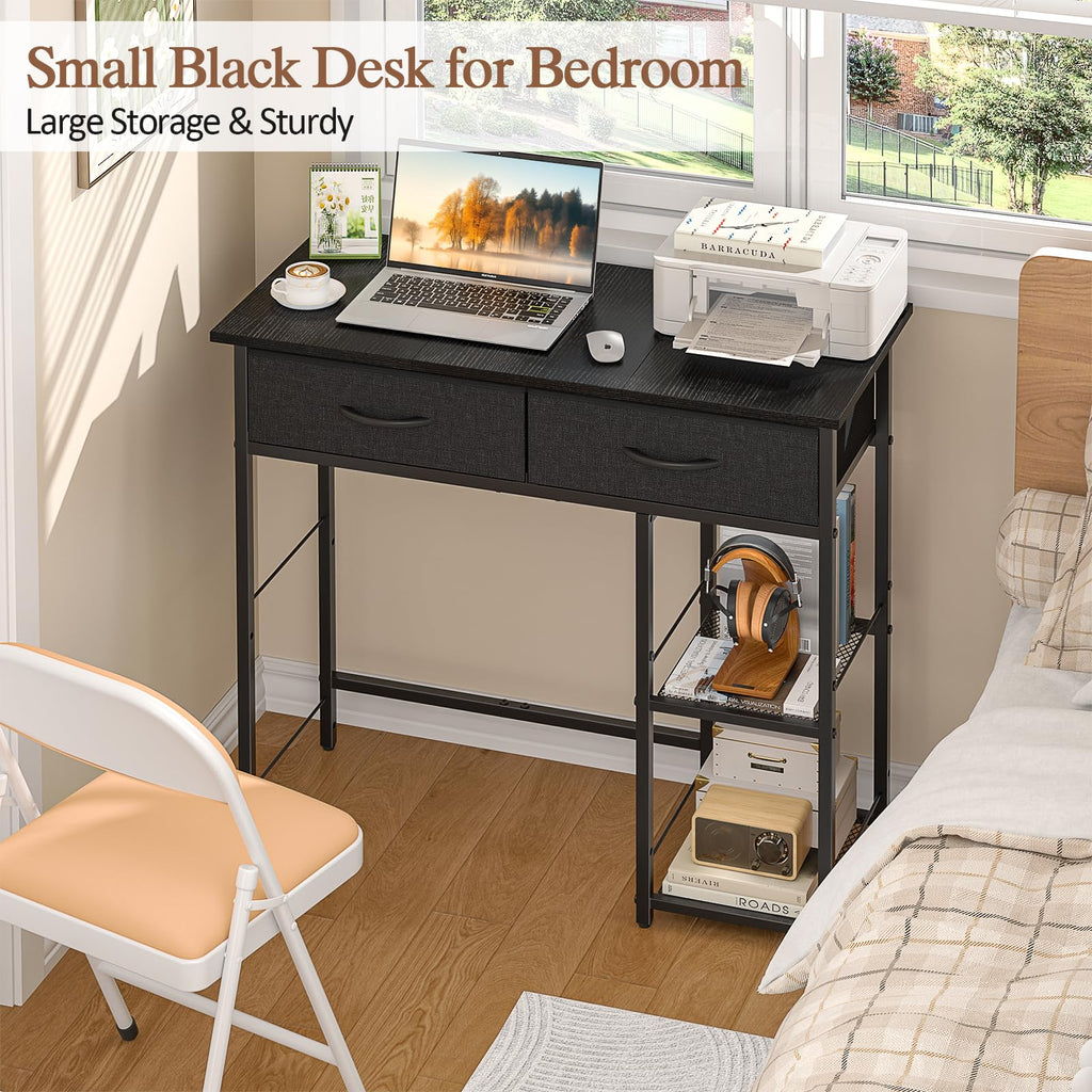 Black Small Writing Desk with 2 Drawers and Storage Shelf G5758