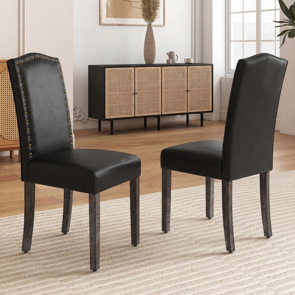 PU Dining Chair Set of 2 Upholstered with Copper Nails and Solid Wood Legs X5638