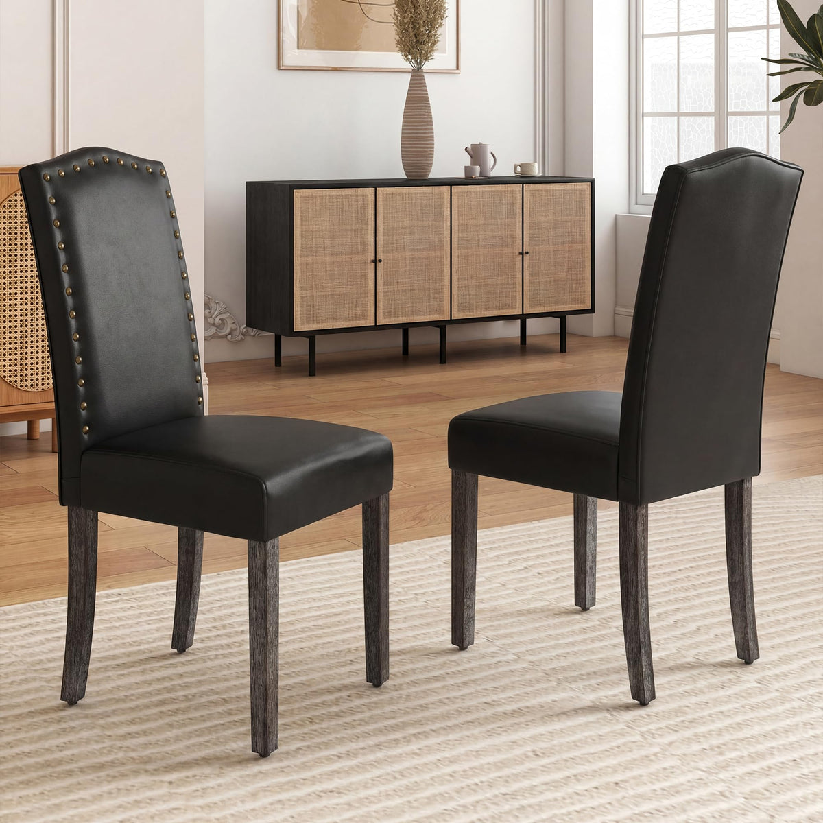 PU Dining Chair Set of 2 Upholstered with Copper Nails and Solid Wood Legs X5638