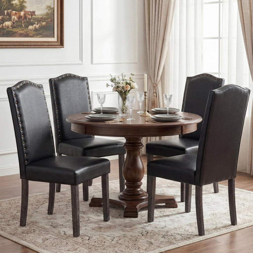 PU Dining Chair Set of 2 Upholstered with Copper Nails and Solid Wood Legs X5638