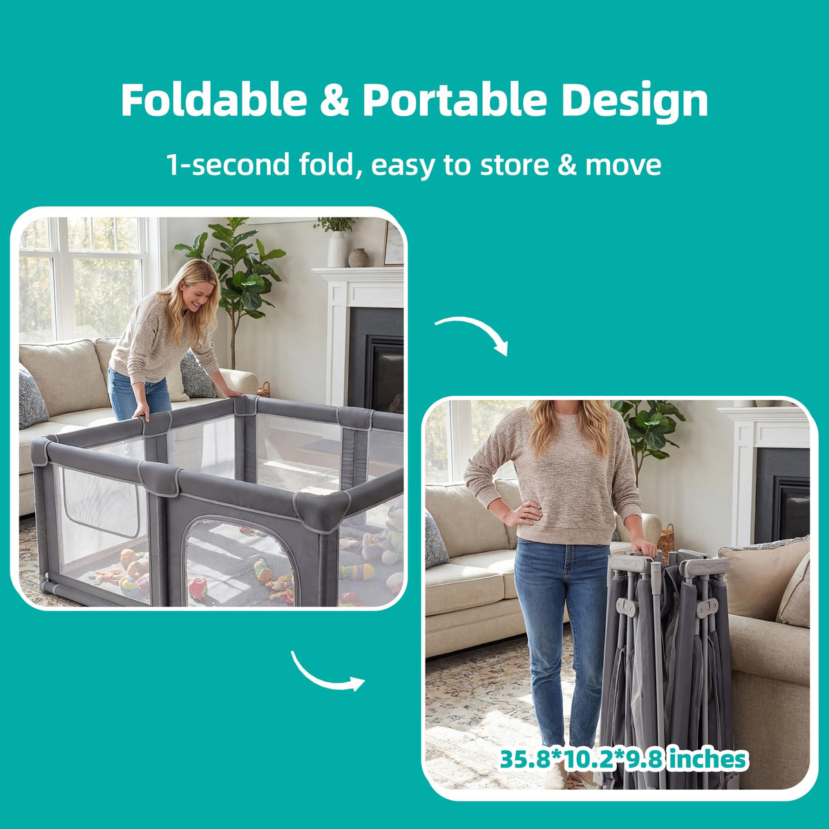 Foldable Baby Playpen with Mat, 71x59 Inches, Grey H8863