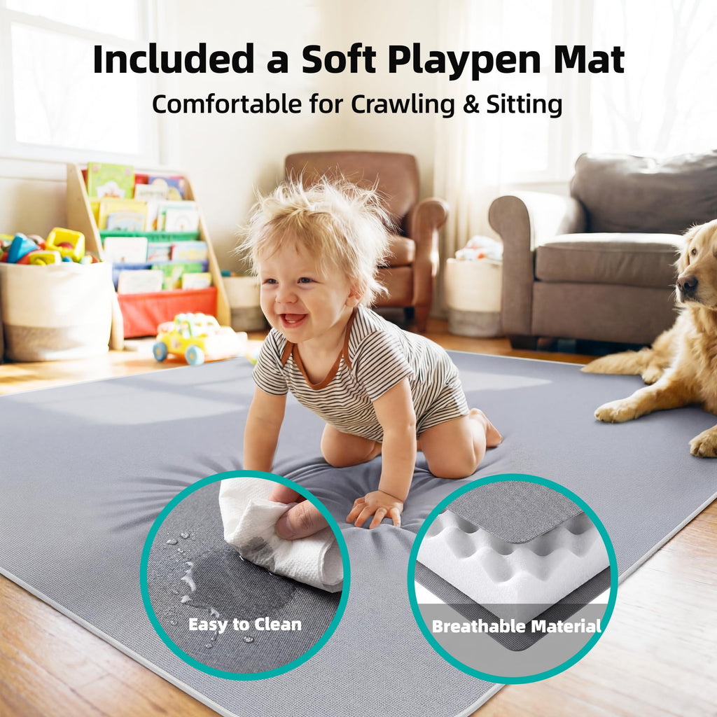 Foldable Baby Playpen with Mat, 71x59 Inches, Grey H8863