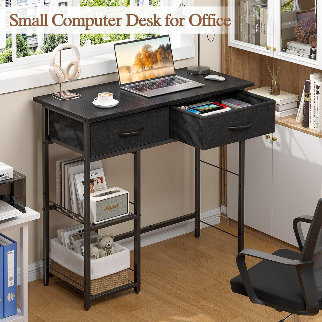 Black Small Writing Desk with 2 Drawers and Storage Shelf G5758
