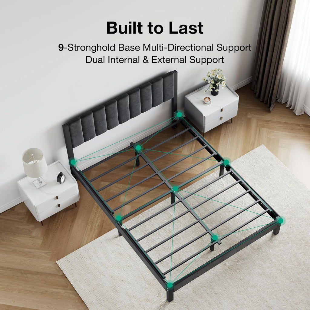 Twin Size Metal Platform Bed Frame with Velvet Headboard and Footboard I3188