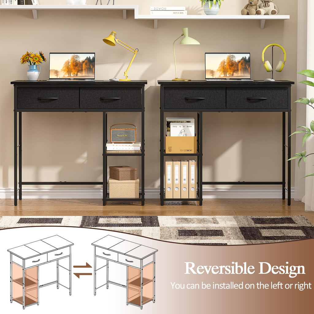 Black Small Writing Desk with 2 Drawers and Storage Shelf G5758