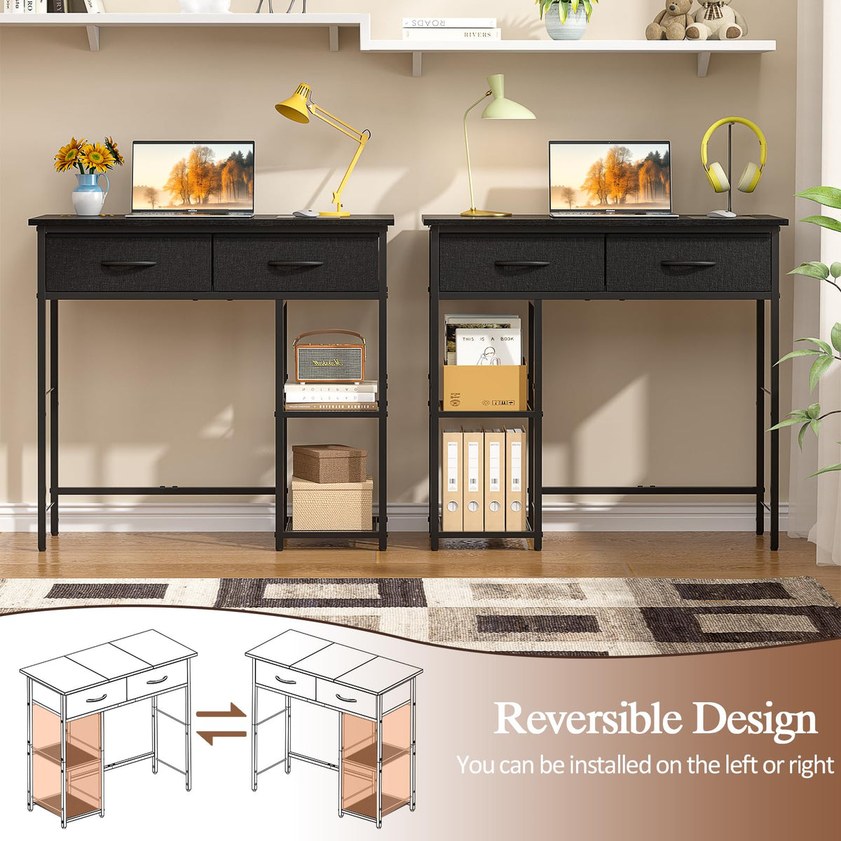 Black Small Writing Desk with 2 Drawers and Storage Shelf G5758