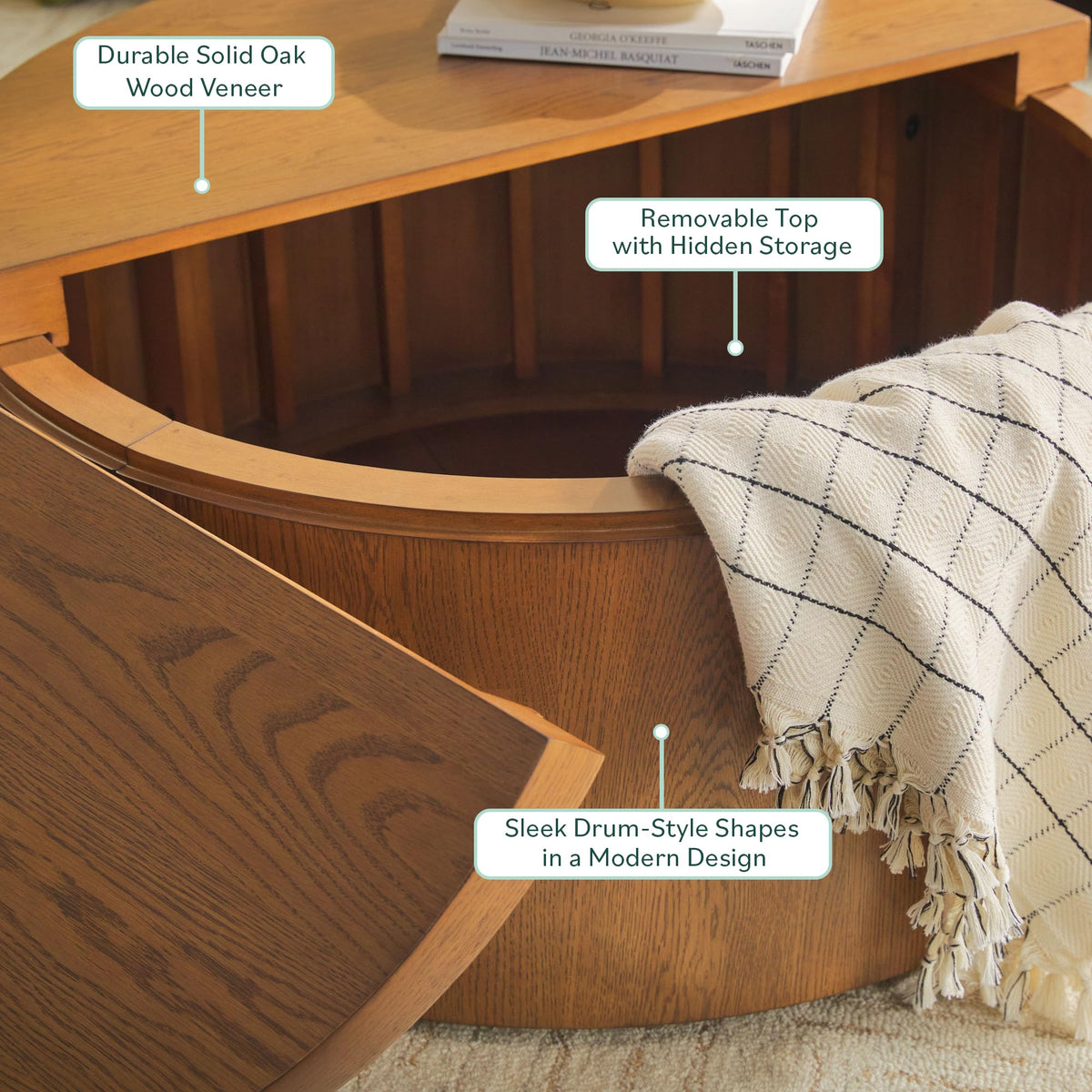 Solid Oak Wood Veneer Coffee Table with Storage, 36 Inch, Medium Brown Oak B3139