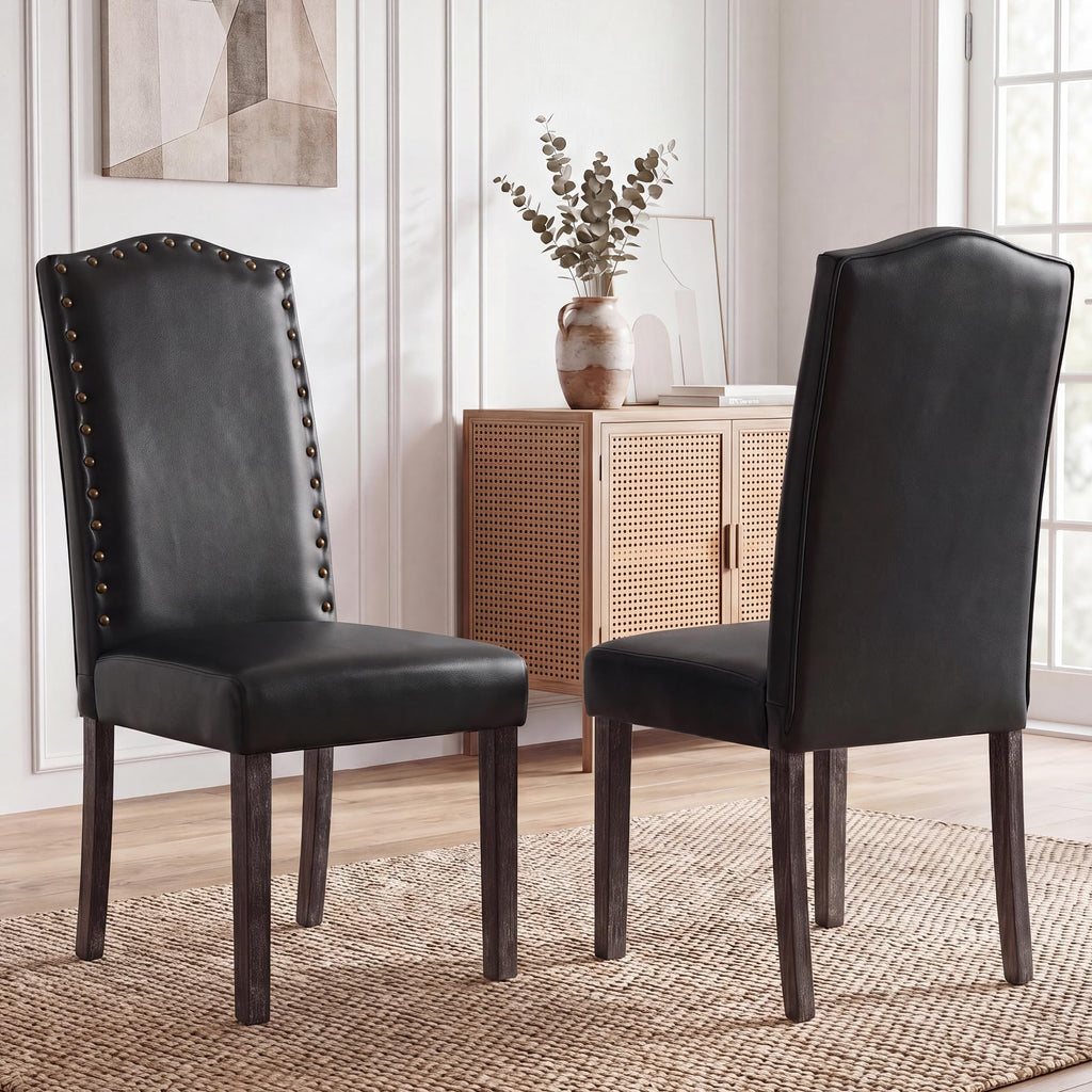PU Dining Chair Set of 2 Upholstered with Copper Nails and Solid Wood Legs X5638