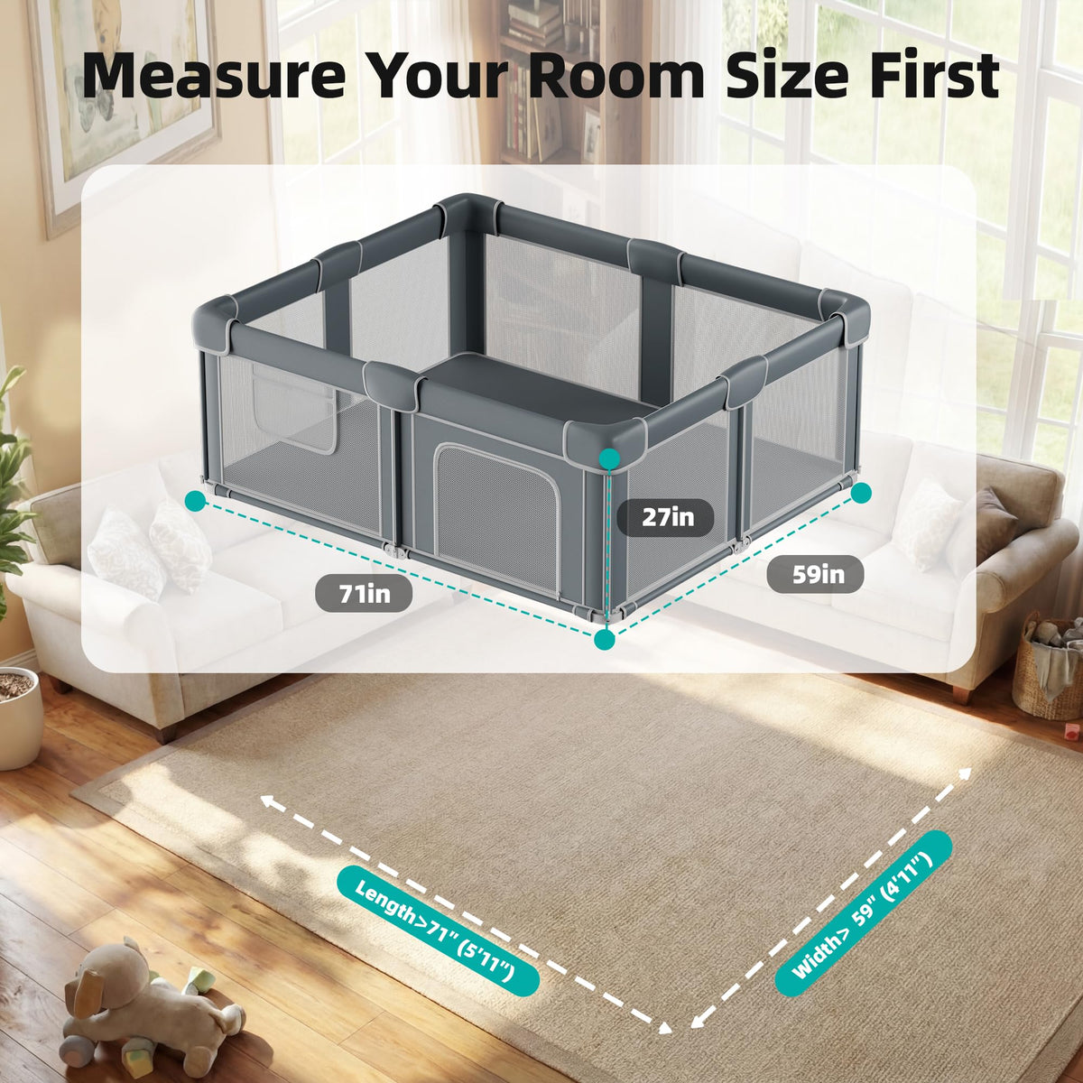 Foldable Baby Playpen with Mat, 71x59 Inches, Grey H8863