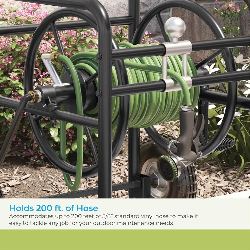 200' Steel Garden Hose Reel Cart with Flat-Free Rubber Tires R6449