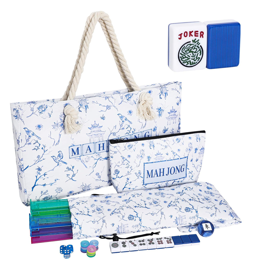 166 Blue Mahjong Tile Set with Bag and 4 All-in-One Rack/Pushers C5028