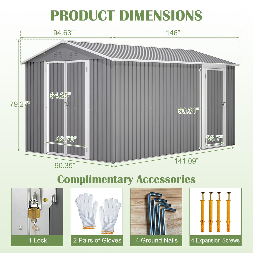 12x8 FT Galvanized Steel Storage Shed with Lockable Doors P61024