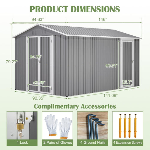 12x8 FT Galvanized Steel Storage Shed with Lockable Doors P61024