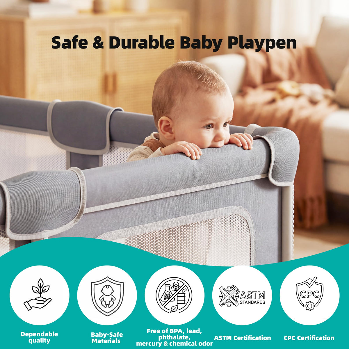 Foldable Baby Playpen with Mat, 71x59 Inches, Grey H8863