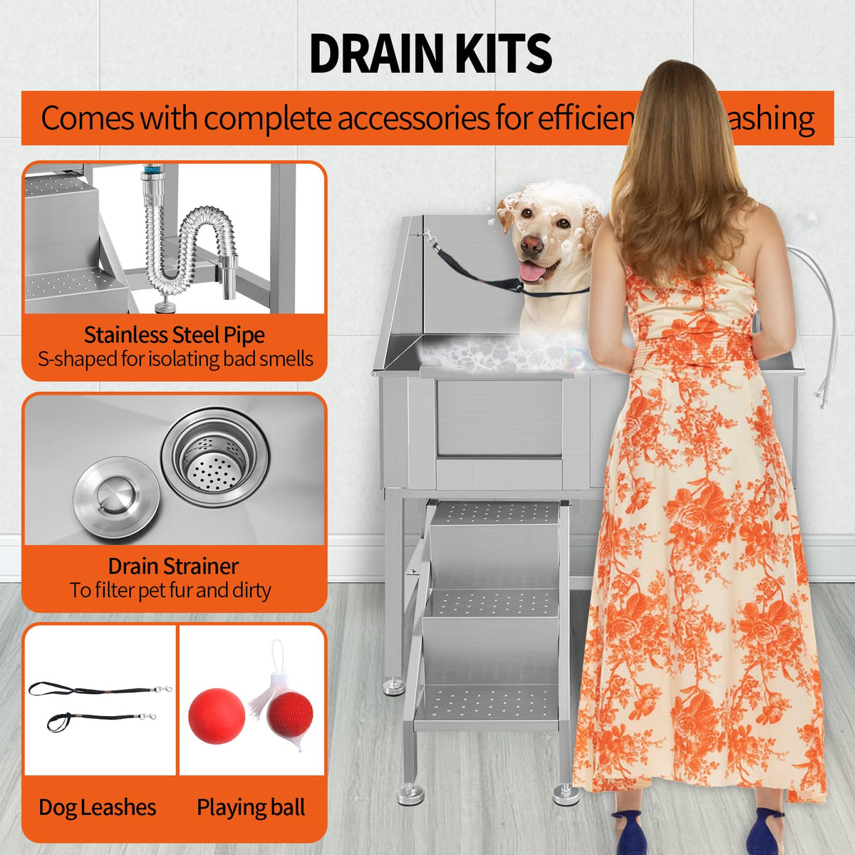 38" Stainless Steel Dog Grooming Tub with Sliding Door R29068