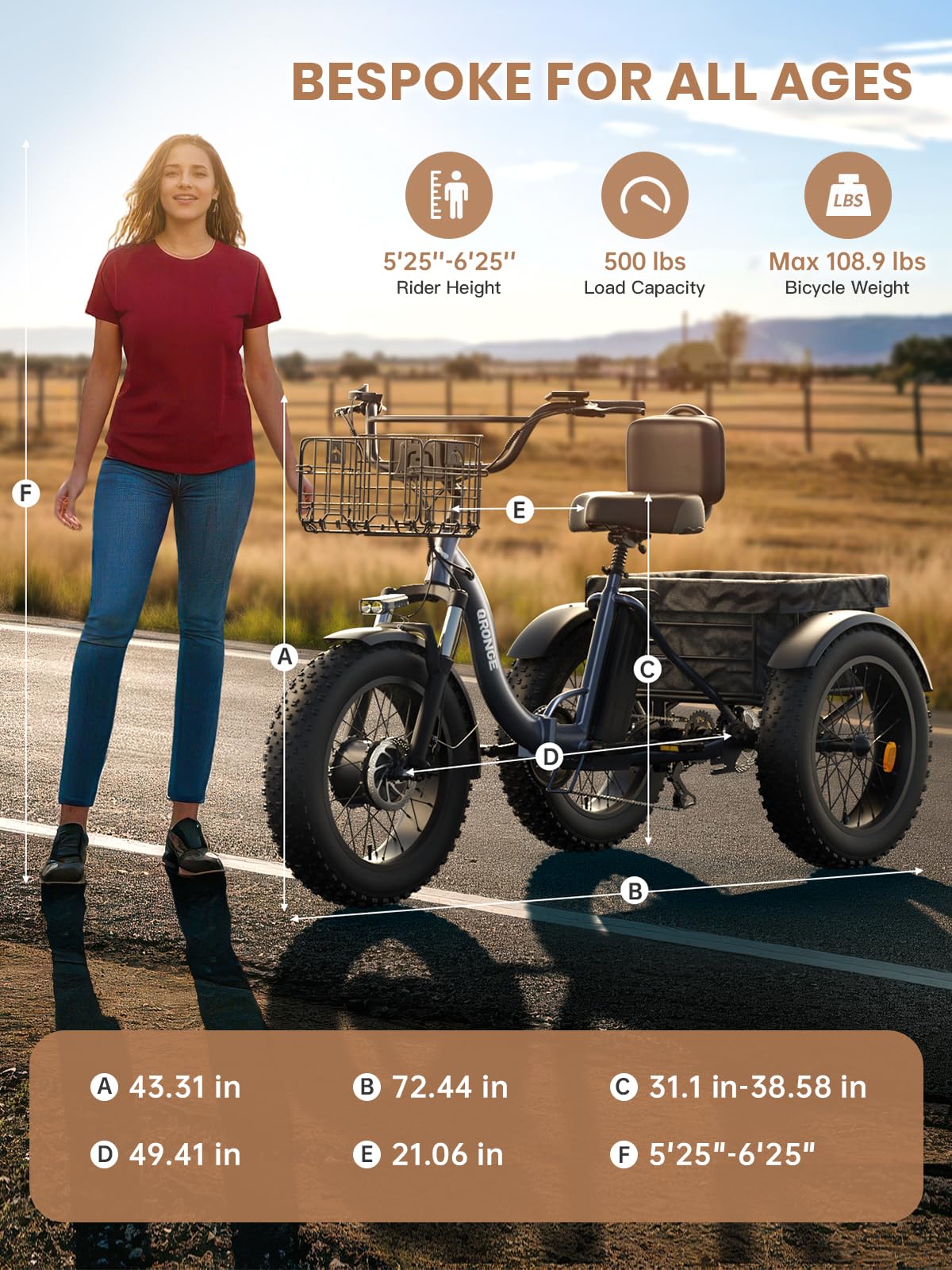 Electric Tricycle for Adults 1200W 36V 20AH Fat Tire Folding J859462