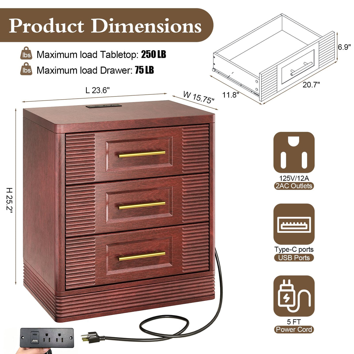 Walnut Nightstand with Charger Station M174