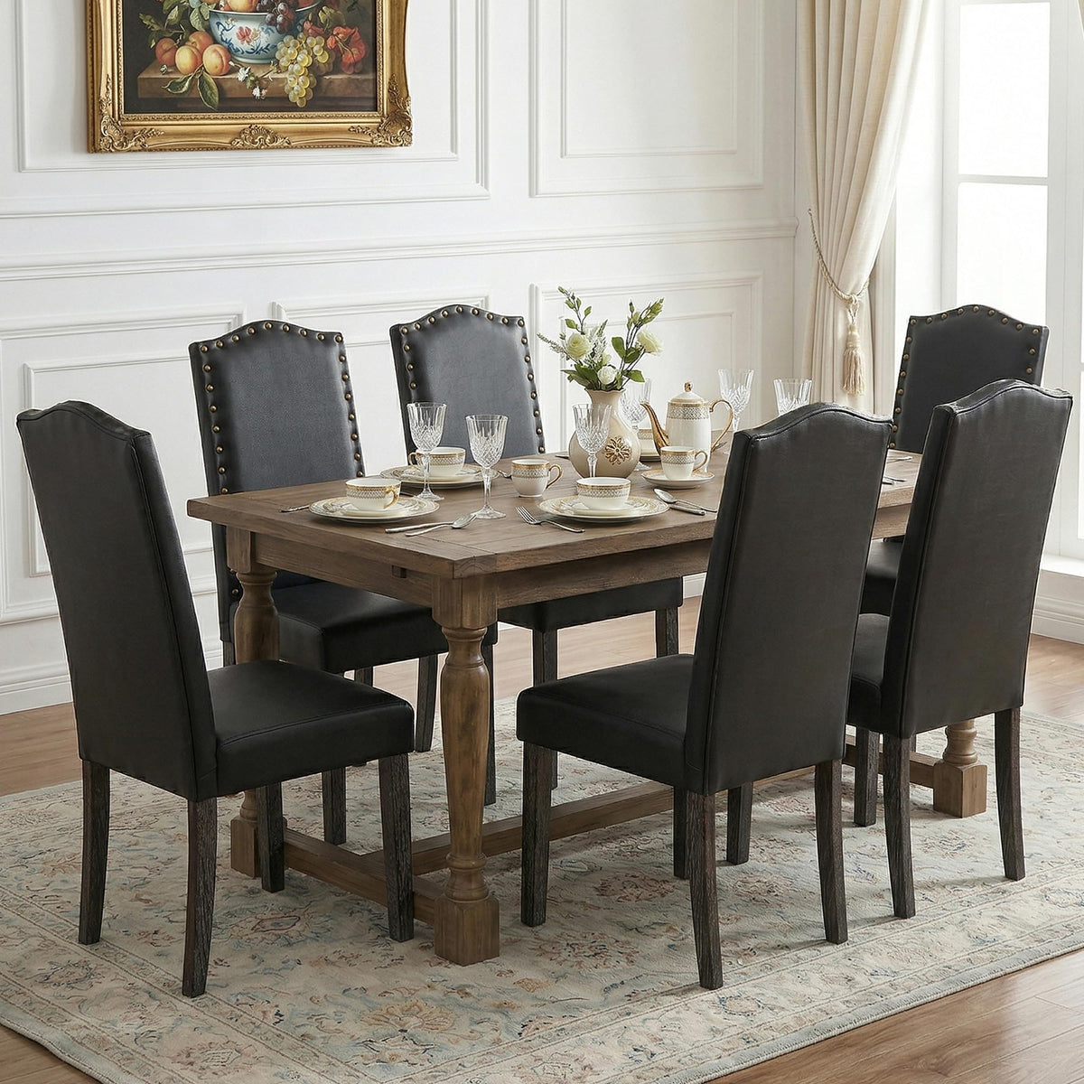 PU Dining Chair Set of 2 Upholstered with Copper Nails and Solid Wood Legs X5638
