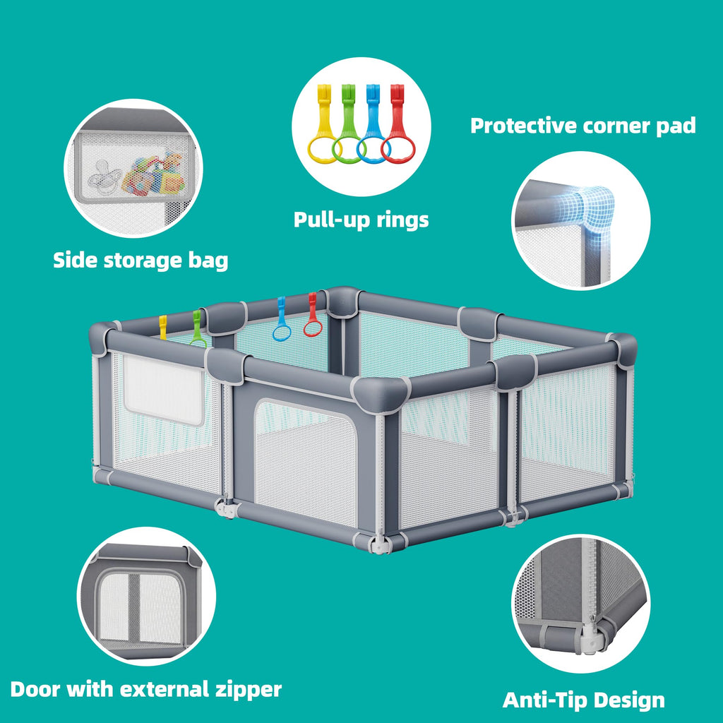 Foldable Baby Playpen with Mat, 71x59 Inches, Grey H8863