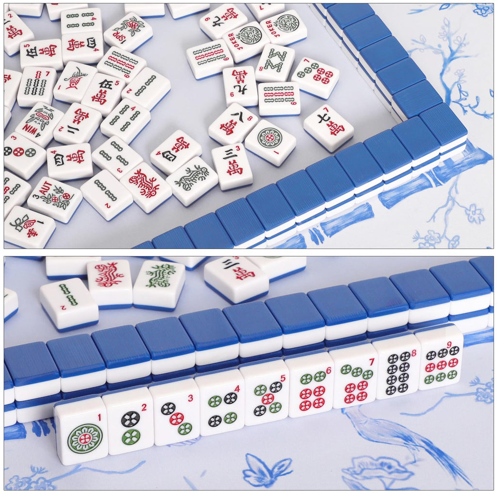 166 Blue Mahjong Tile Set with Bag and 4 All-in-One Rack/Pushers C5028