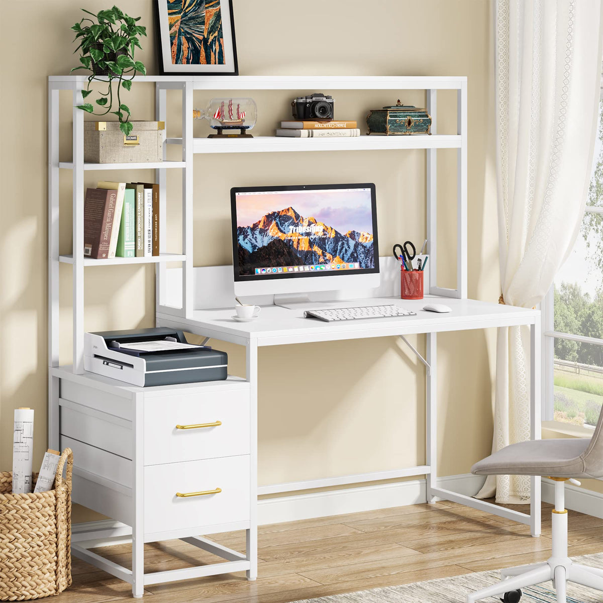 55 Inch Computer Desk with 2 Drawers and Storage Shelves J397478