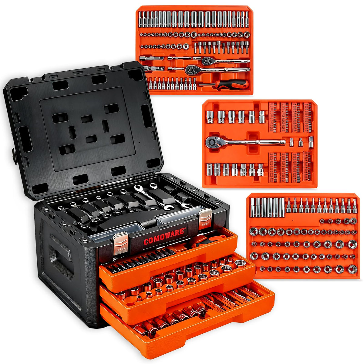 320-Piece Mechanic Tool Set with Case, 1/4" 3/8" 1/2" Drive SAE & Metric Socket Wrench Set, CR-V Steel X99428