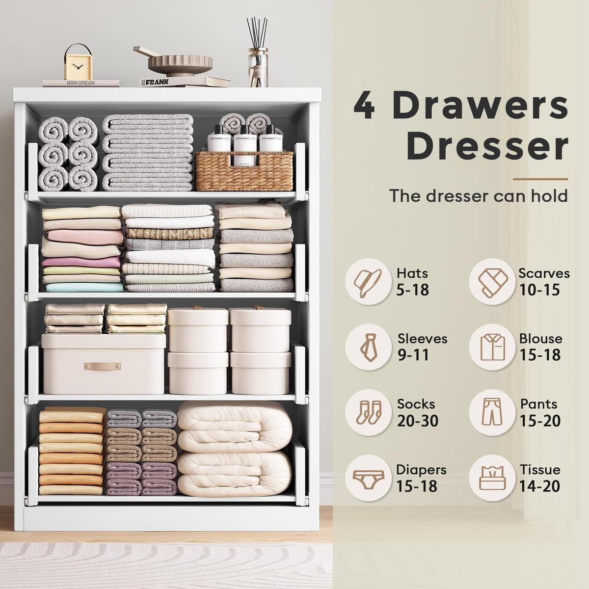 White 4 Drawer Wood Dresser W2968