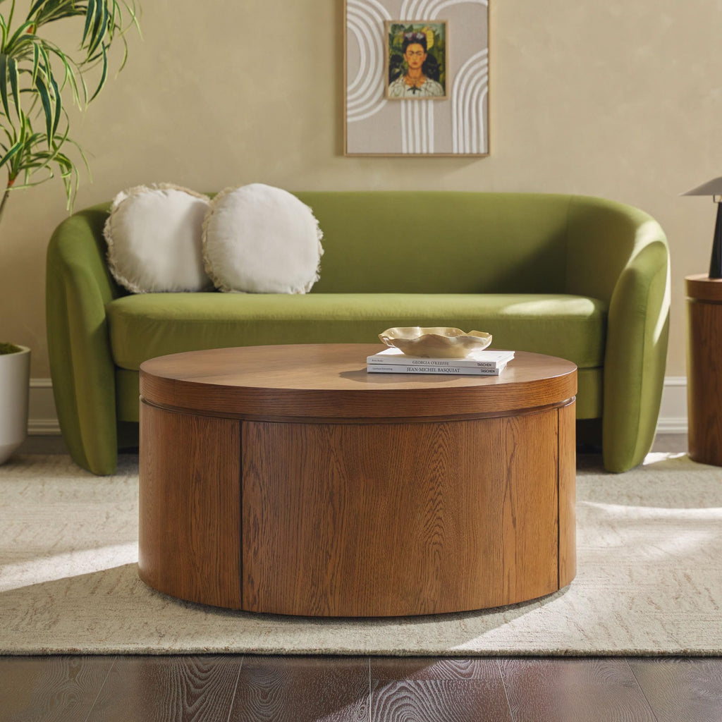 Solid Oak Wood Veneer Coffee Table with Storage, 36 Inch, Medium Brown Oak B3139