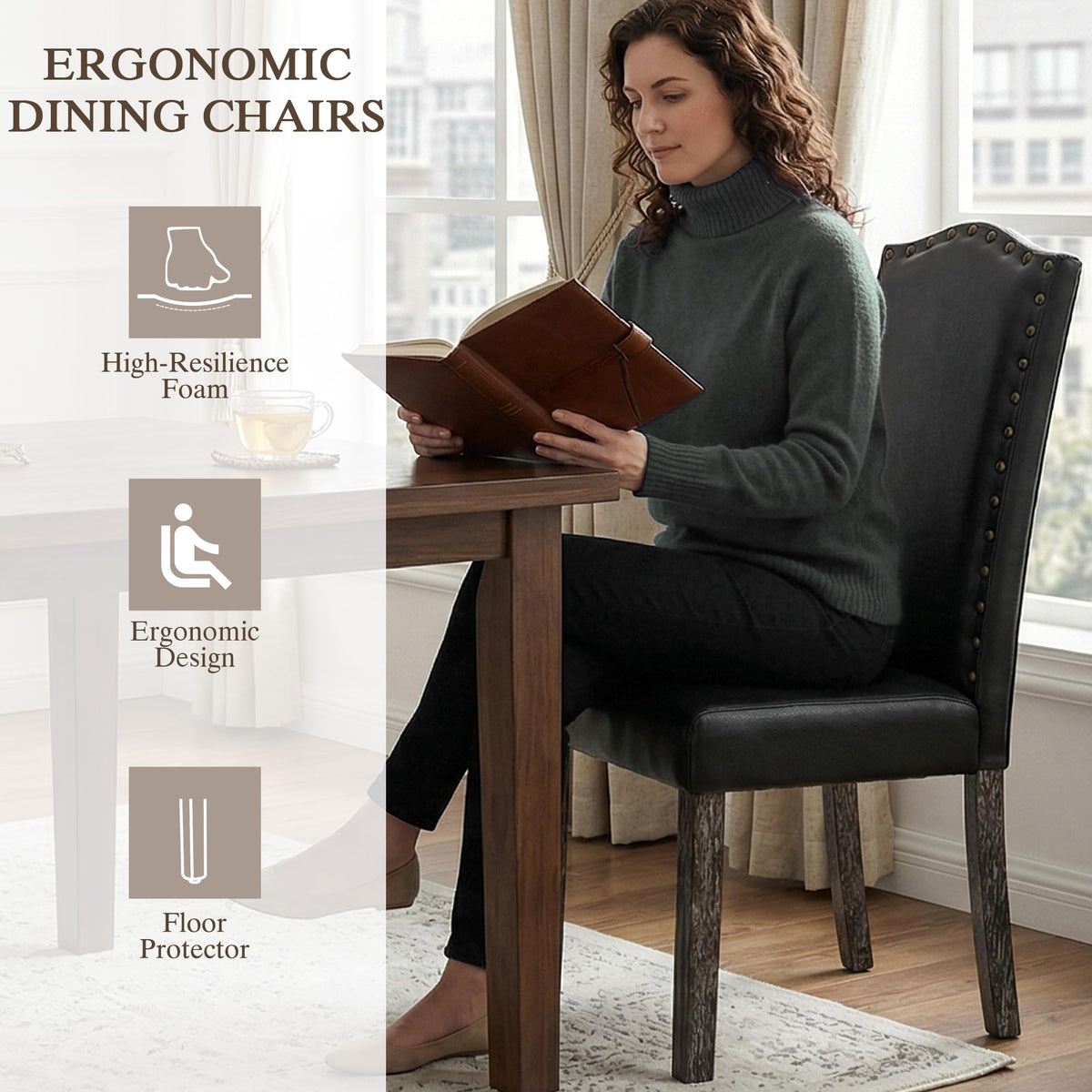 PU Dining Chair Set of 2 Upholstered with Copper Nails and Solid Wood Legs X5638