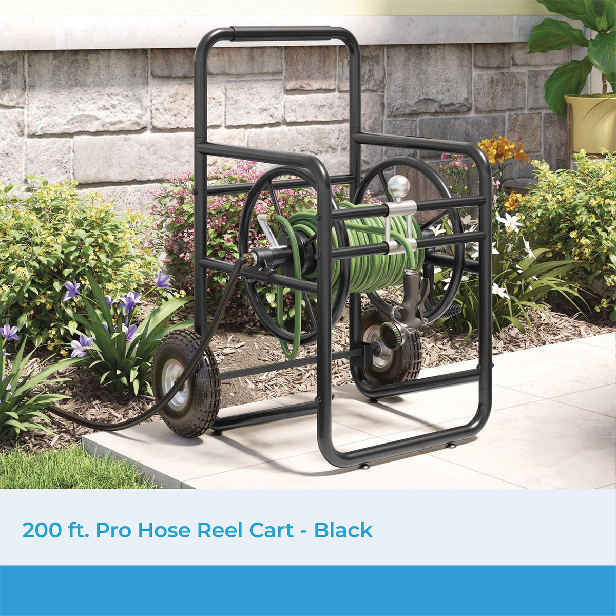 200' Steel Garden Hose Reel Cart with Flat-Free Rubber Tires R6449