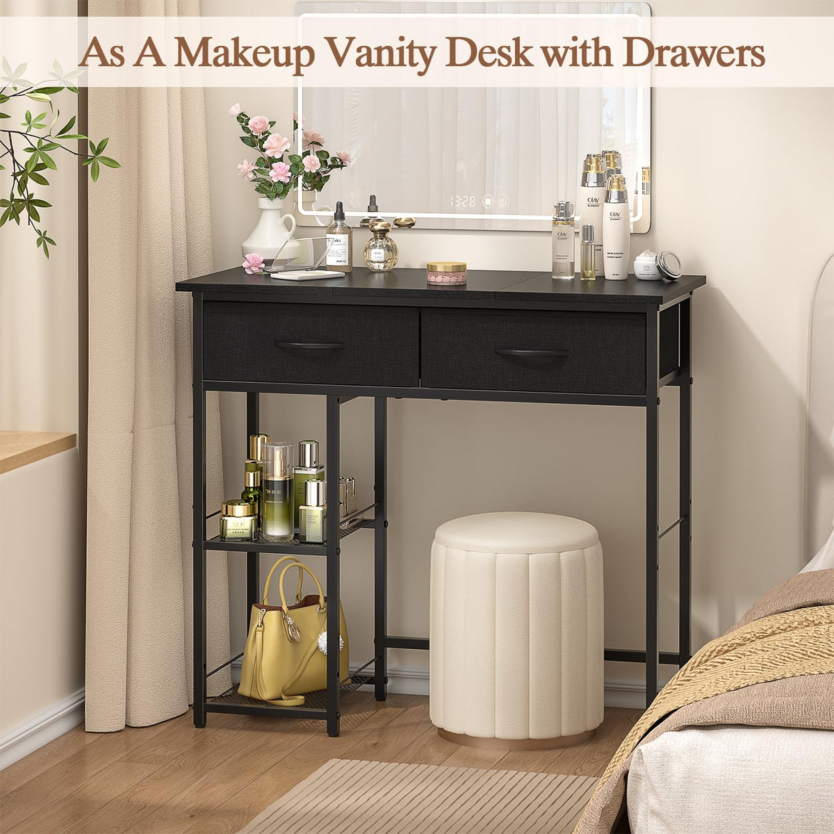Black Small Writing Desk with 2 Drawers and Storage Shelf G5758