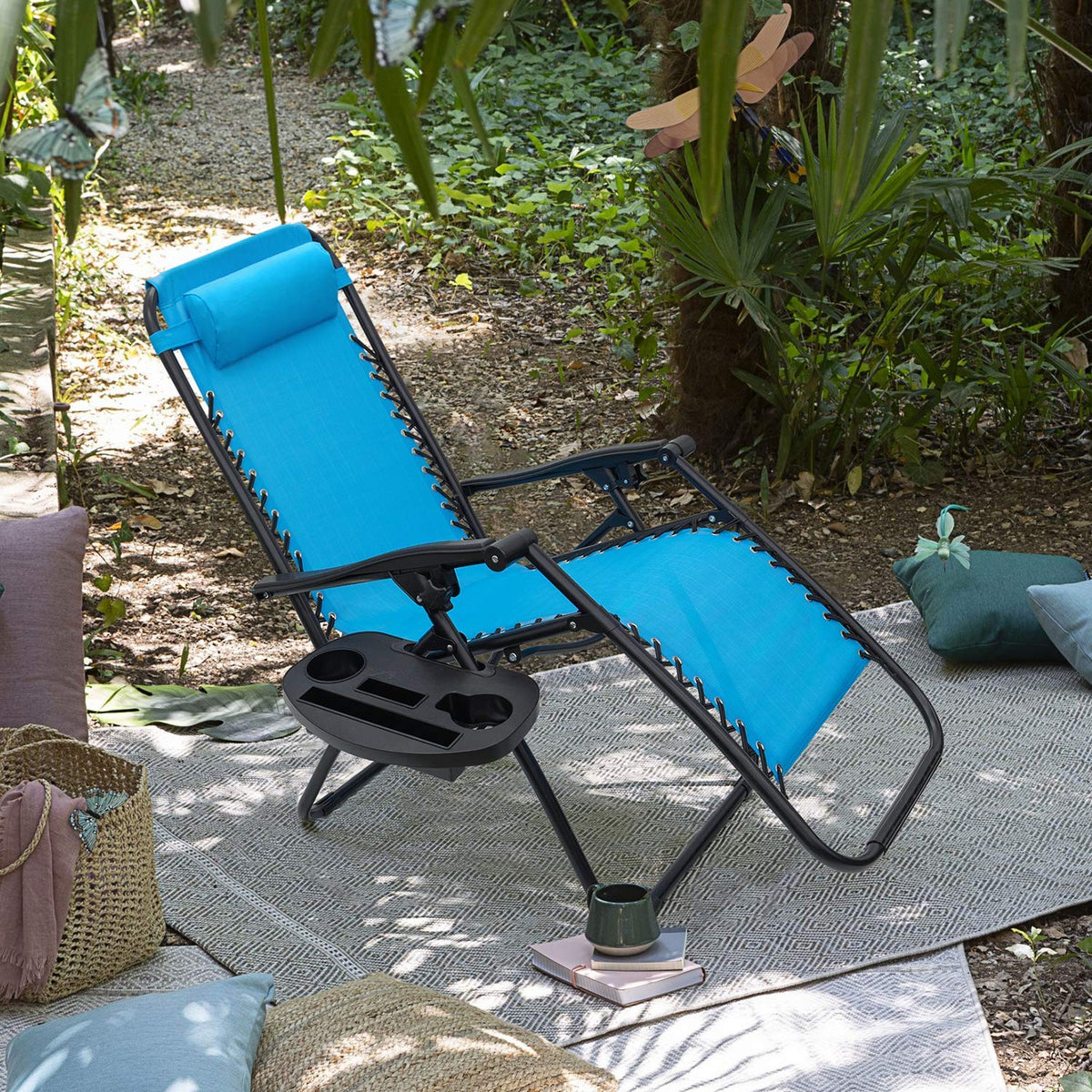 Blue Set of 2 Adjustable Folding Lounge Chair with Pillows and Cup Holders M279