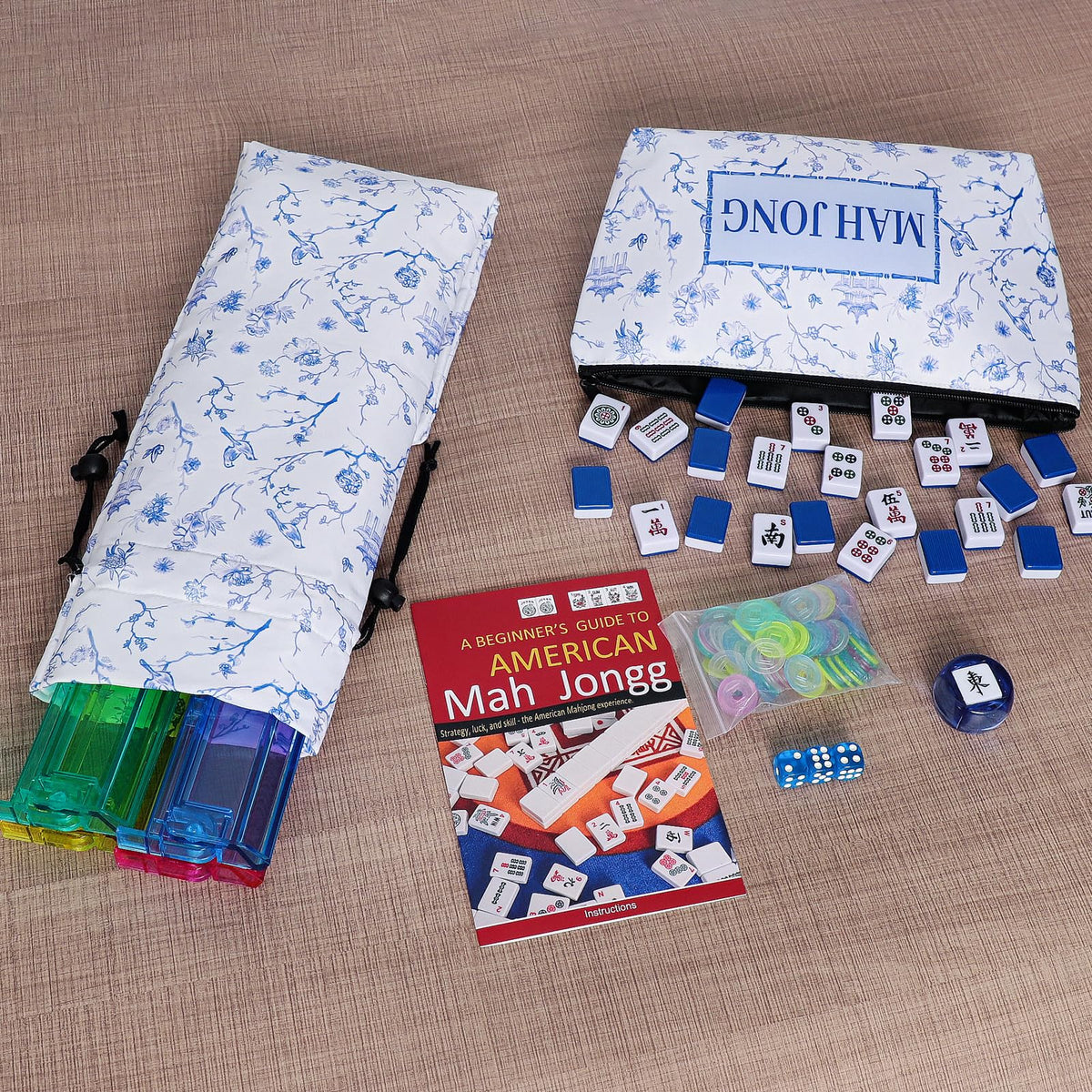166 Blue Mahjong Tile Set with Bag and 4 All-in-One Rack/Pushers C5028