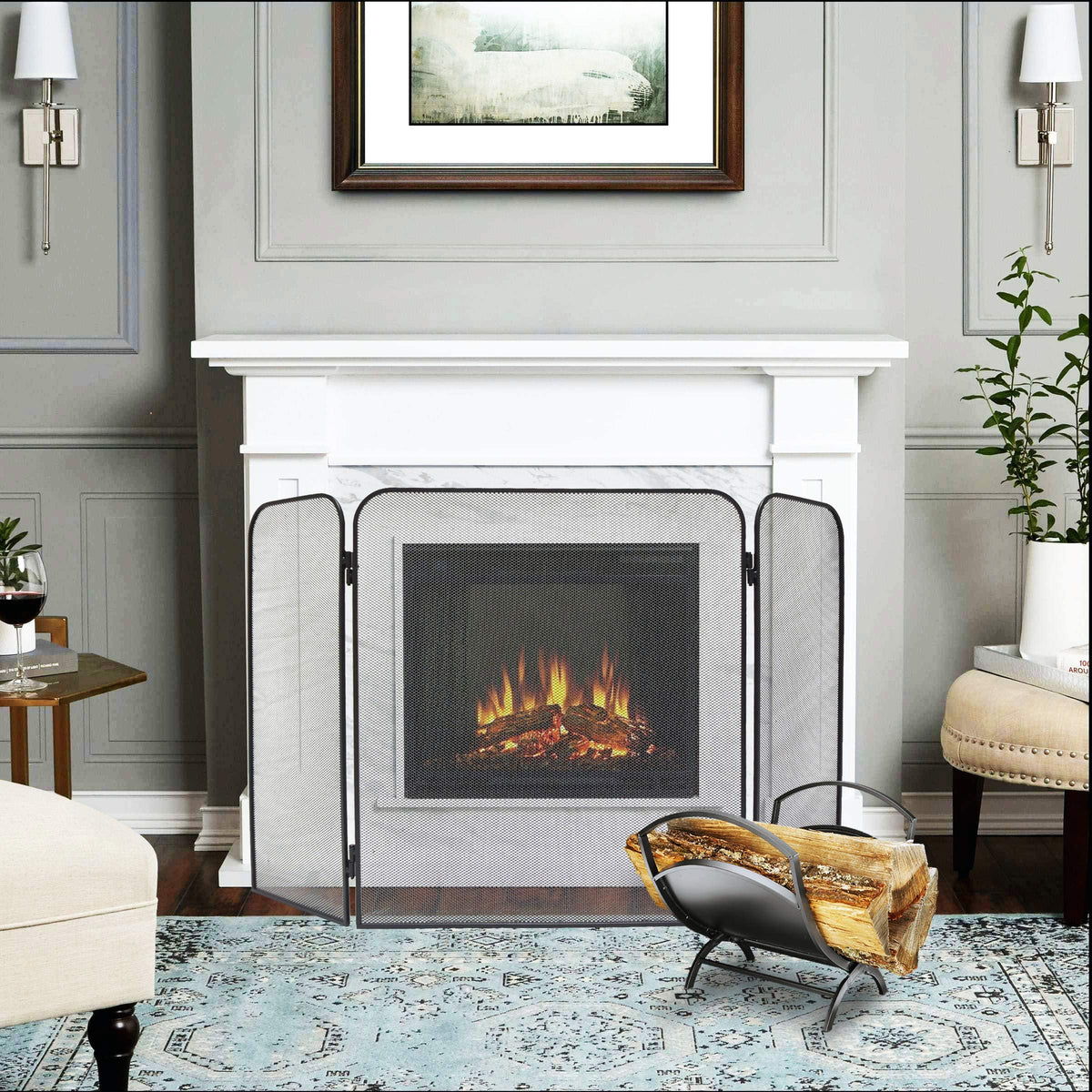 Iron 3-Panel Fireplace Screen Spark Guard C4125